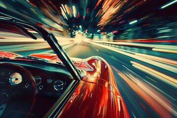 Obraz premium Red convertible vintage car speeding on a city street at night with motion blur effect