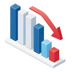 3d bar chart showing downward trend with red arrow