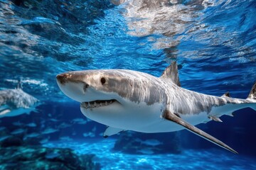 Naklejka premium Great White Shark Underwater with Blue Ocean Background