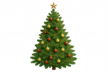 Christmas tree with golden star topper and festive red, gold globe ornaments, celebrating winter holiday traditions