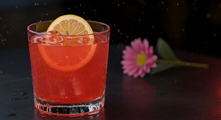 Red cocktail with lemon slice