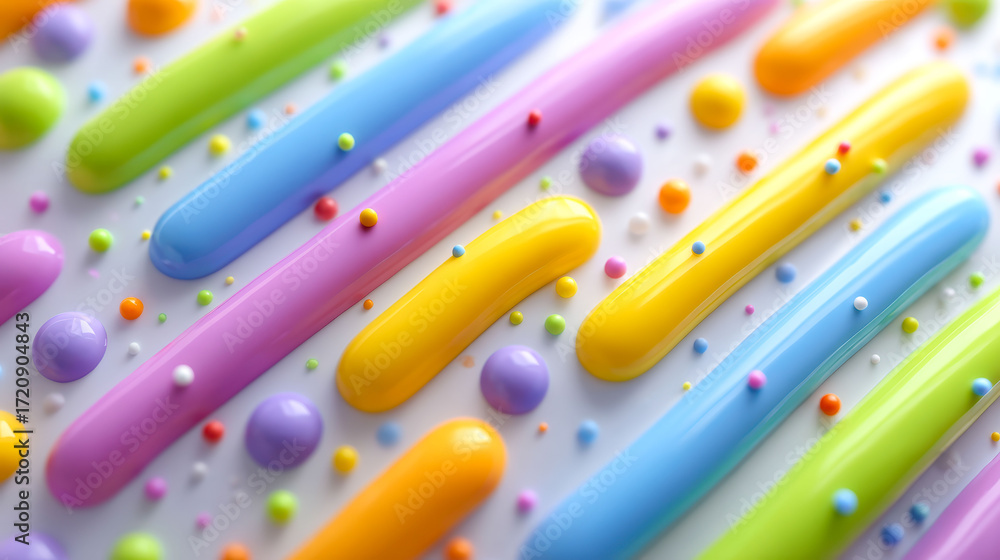 Poster a colorful candy bar with a rainbow of colors and a variety of shapes. the candy is arranged in a wa