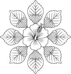 Detailed Hibiscus Flower with Leaves – Mandala Inspired Tropical Floral Vector