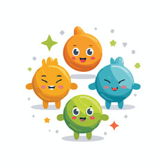Charming Group of Cute Cartoon Characters with Playful Expressions and Sparkly Accents