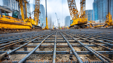 Naklejka premium Construction Site Rebar Grid and Heavy Machinery