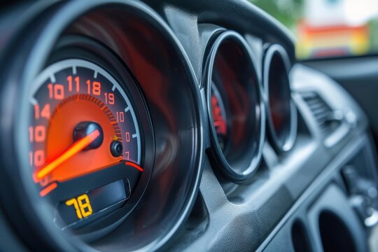 Orange speedometer and temperature gauge lighting up modern car dashboard - Powered by Adobe