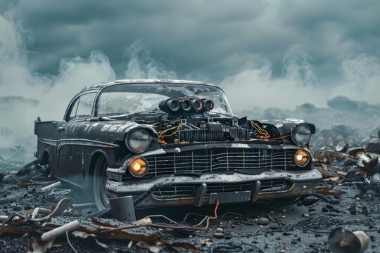 Post apocalyptic rusty car emitting smoke in junkyard under cloudy sky