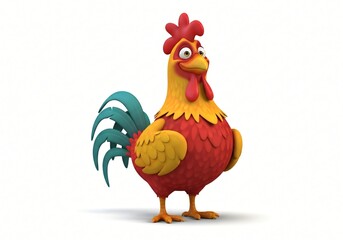 Cheerful Cartoon Rooster Illustration Farm Animal 3D Render Colorful Bird White Background
