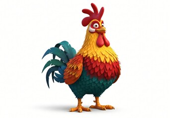 Cheerful Cartoon Rooster Illustration Colorful Farm Animal 3D Render Isolated White Background