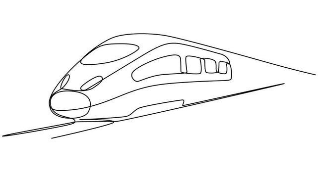 Animated self drawing of continuous one line bullet train speeding on the tracks carrying passengers, Affordable public transportation. Full length single line animation. animation freight train video