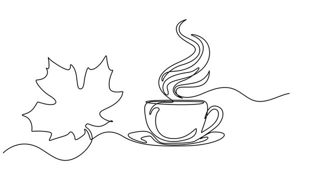 coffee cup with autumn leaf animation continuous one line drawing, Cup with coffee and maple leaf. Autumn concept, vector continuous one line drawing, Full length one line animation, Animated self pro