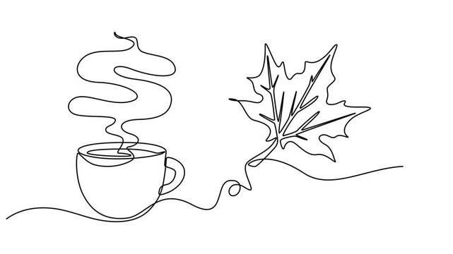coffee cup with autumn leaf animation continuous one line drawing, Cup with coffee and maple leaf. Autumn concept, vector continuous one line drawing, Full length one line animation, Animated self pro