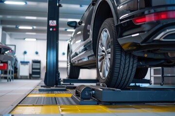 Fototapeta premium Black car positioned on a lift in a modern service center, undergoing a diagnostic check or maintenance
