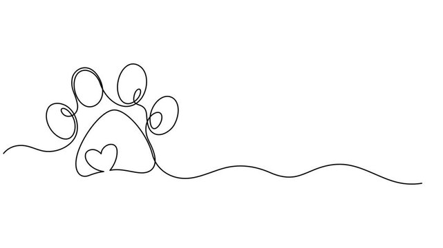 Video. Dog and cat paw hearts drawn in one continuous line. Dog paw prints in a heart frame in a simple linear style, Concept of love for animals .Animation on white background 4K. cat paw. vector.