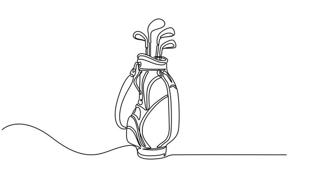 Animated self drawing of continuous line draw Golf bag . Minimalist sketch 4k footage. Full length one line animation. 4K, National Golf Day, highlighting rotational motion, pro vector illustration.