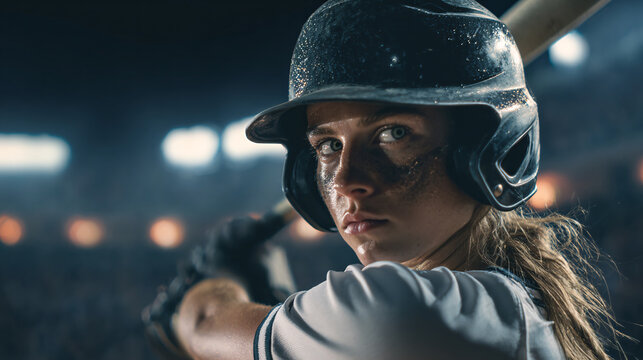Focused Female Baseball Player Ready to Bat - Powered by Adobe