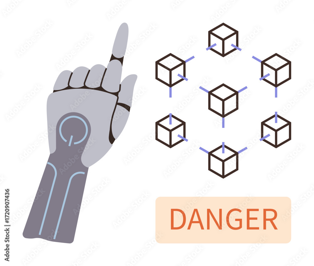 Aufkleber robotic hand pointing towards interconnected blockchain nodes next to warning sign. ideal for techno