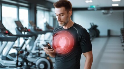 Man in Gym Using Smartphone with Digital Heart Rate Monitor Overlay - Powered by Adobe
