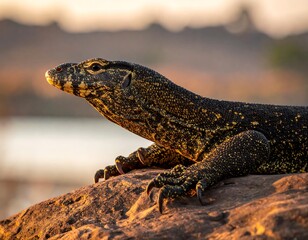 Close-up of a monitor lizard on a rock at sunset