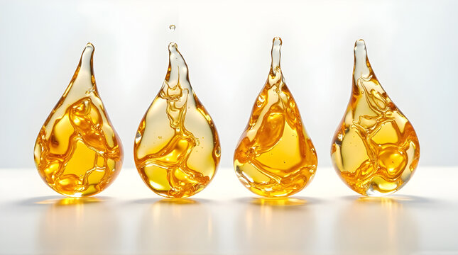 Four translucent amber colored teardrop shaped glass sculptures with internal reflections and light - Powered by Adobe