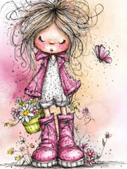 Obraz premium Sweet girl with a serene expression holding flowers in a basket while standing in a field of flowers