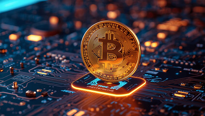 Golden Bitcoin coin standing on futuristic glowing circuit board, digital cryptocurrency blockchain technology, virtual money mining and decentralized finance concept in modern financial world