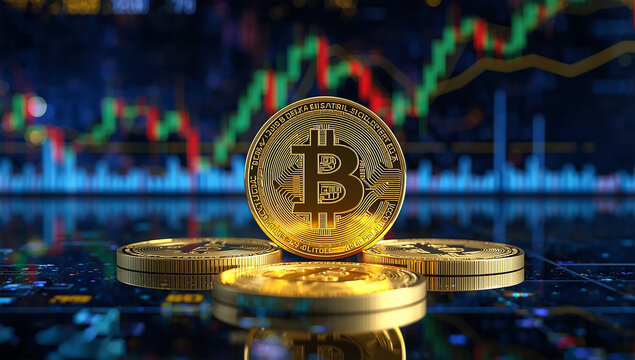 Golden Bitcoin Cryptocurrency Coins with Stock Market Trading Chart Background – Digital Currency Investment Concept
