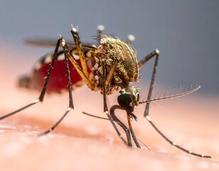 Close-up of a mosquito feeding on human skin