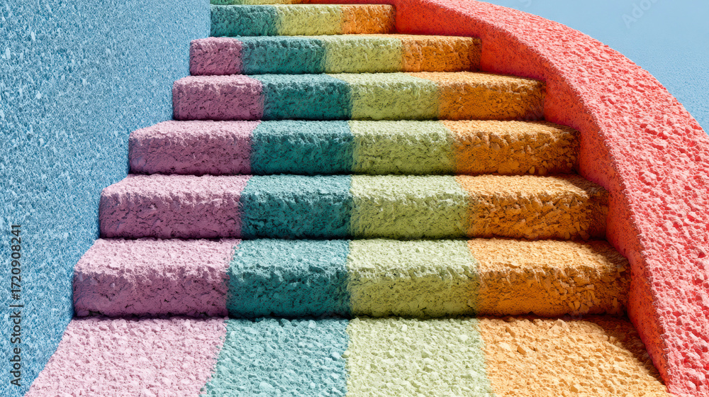 Poster a colorful staircase with a rainbow pattern. the colors are bright and vibrant, creating a cheerful 