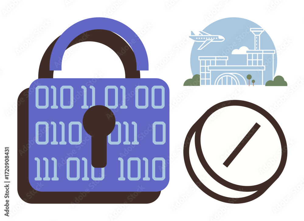 Poster binary-coded lock symbolizing data security, airport terminal emphasizing travel infrastructure, and