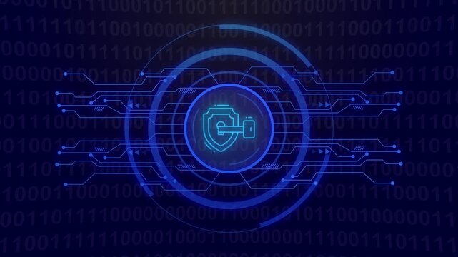 Digital Shield and Hammer Icon with Binary Code and Circuitry Background cybersecurity digital security