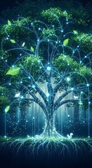 Obraz premium A mystical, glowing tree with interconnected roots and leaves, bathed in ethereal light, fills a magical forest scene.