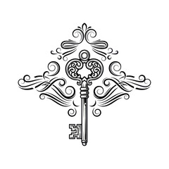 An ornate, vintage-style key with decorative swirls and flourishes, presented in a symmetrical design.