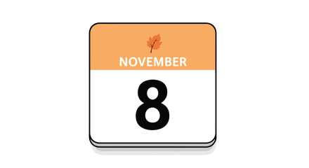 Stylish November 8th Calendar Icon with Autumnal Leaf, Signifying Significant Date and Event Reminder for the Month of Gratitude