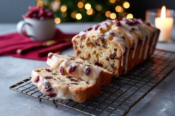 Sliced cranberry orange loaf with glaze on cooling rack in holiday setting