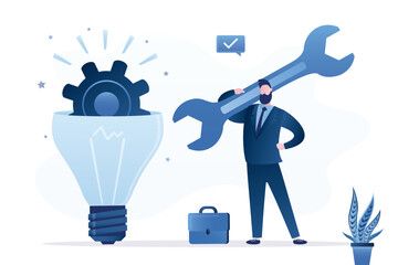 BBusinessman build gear in idea lightbulb. Innovation or product development, idea or solution to solve business problem. Brainstorming, technology creation to build new product