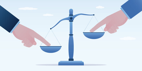 Approval of inequality and lawlessness. Corruption, illegal. Arguments, evidence and tricks in trial. Hands pushing the scales bowls with index fingers from different sides.