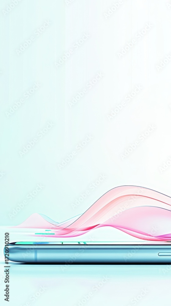 Poster sleek metallic device displaying glowing wave forms on screen, representing financial data flow and 