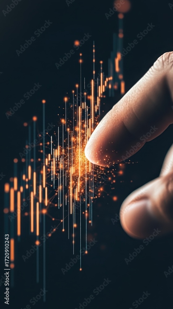 Poster digital finance growth. finger interacting with glowing data lines and particles, representing finte