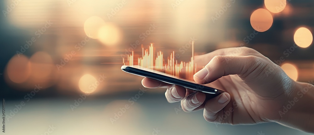 Poster hand holding mobile device displaying financial data with glowing abstract digital bars suggesting f