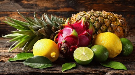 Vibrant Tropical Fruits on Rustic Wood