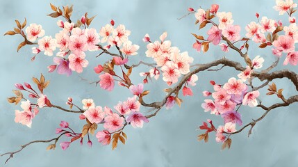 Obraz premium Delicate pink cherry blossoms flourish on a serene blue-gray background symbolizing spring renewal and natural beauty