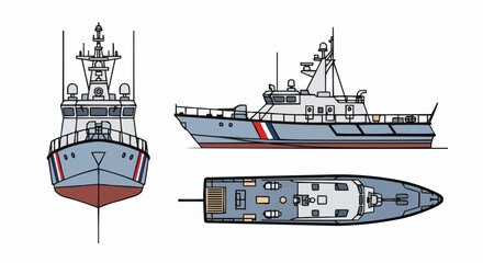 Coast Guard Boat Illustration: Side, Top, and Front Views, Vector Graphics © Nofriyan