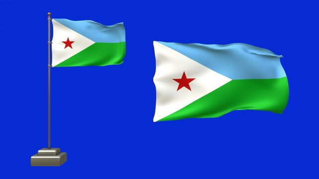 A Djiboutian flag flutters on a pole with realistic movement, while the other waves softly without support.