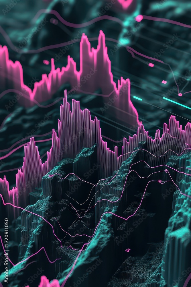 Poster abstract financial landscape with glowing pink and teal line graphs showing market trends and data a