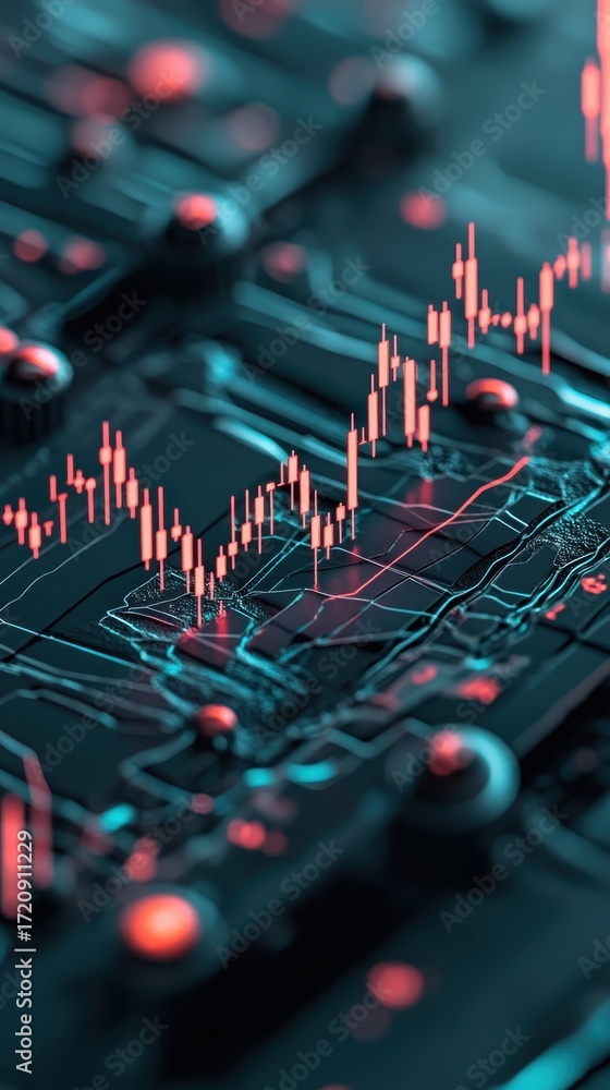 Poster abstract circuit board glowing with red financial data streams representing fintech innovation and e