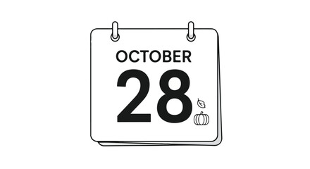 October 28th calendar icon with seasonal pumpkin illustration, autumn reminder, isolated on white backdrop graphic template for marketing, event, or