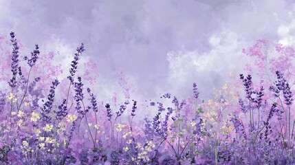 Naklejka premium Soft focus lavender field under a hazy pastel sky romantic and serene natural beauty landscape serene atmosphere serene meadow blooming purple flowers floral background fresh delicate aroma
