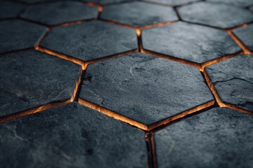 Obraz premium Glowing orange lines between dark grey hexagonal stone tiles, creating a textured surface