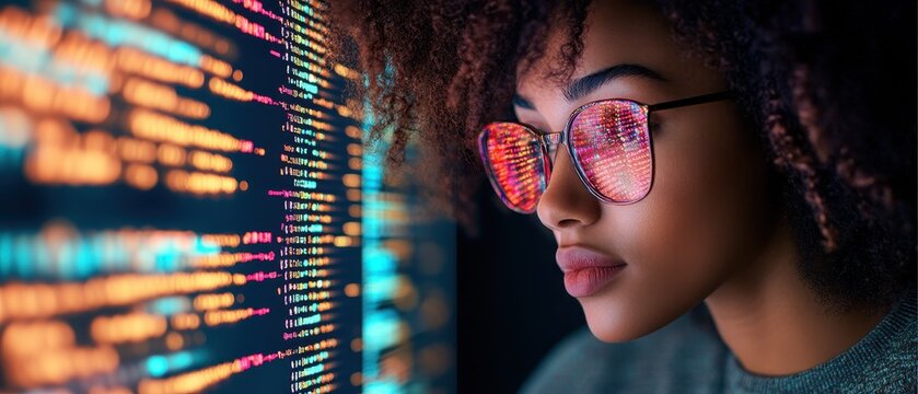 Focused woman with glasses reflecting bright code on screen, symbolizing fintech innovation and digital analysis.